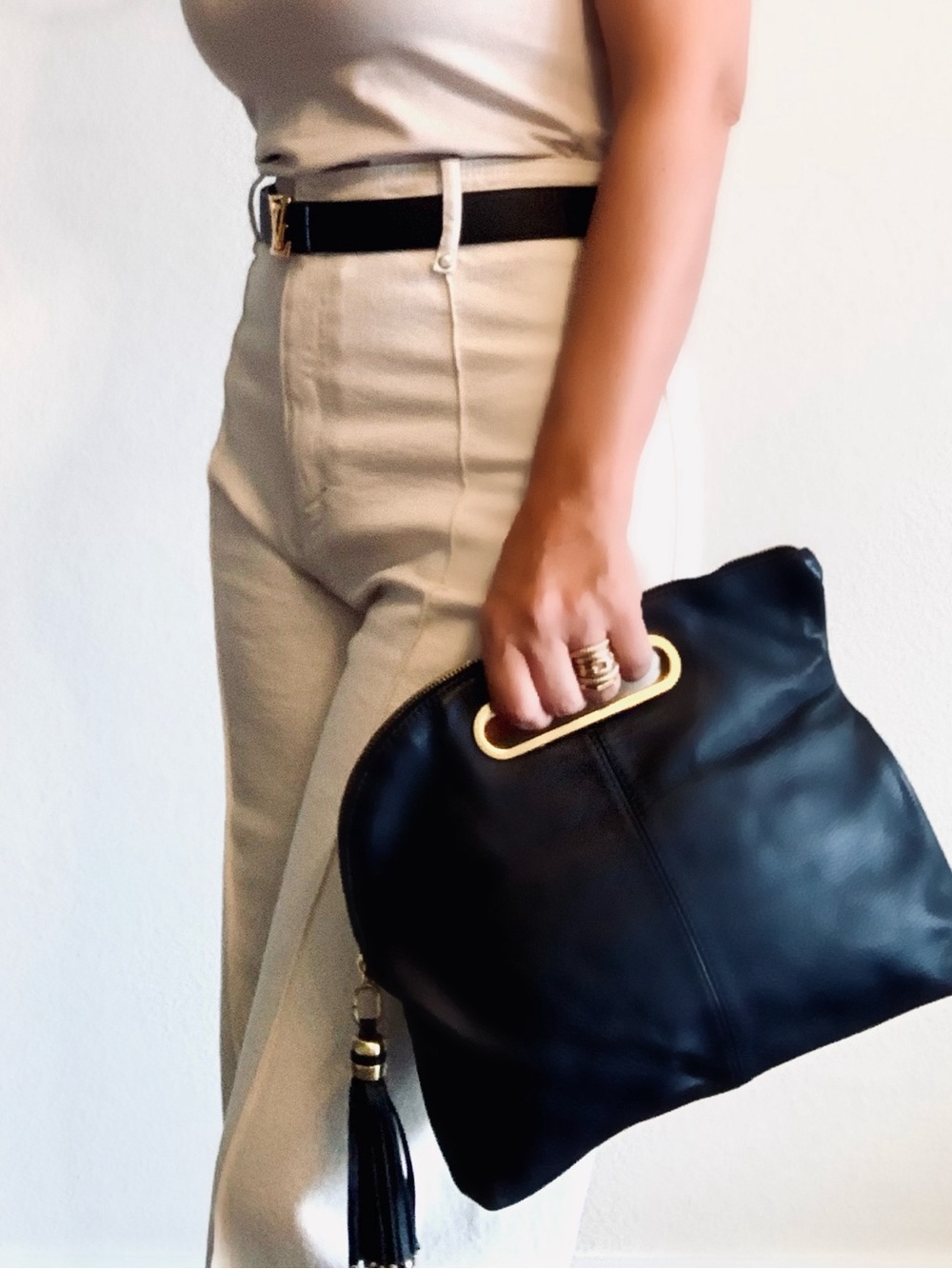 BCBGMaxAzria Black foldable Clutch ,tassel charm with Gold Details. - Picture 3 of 16